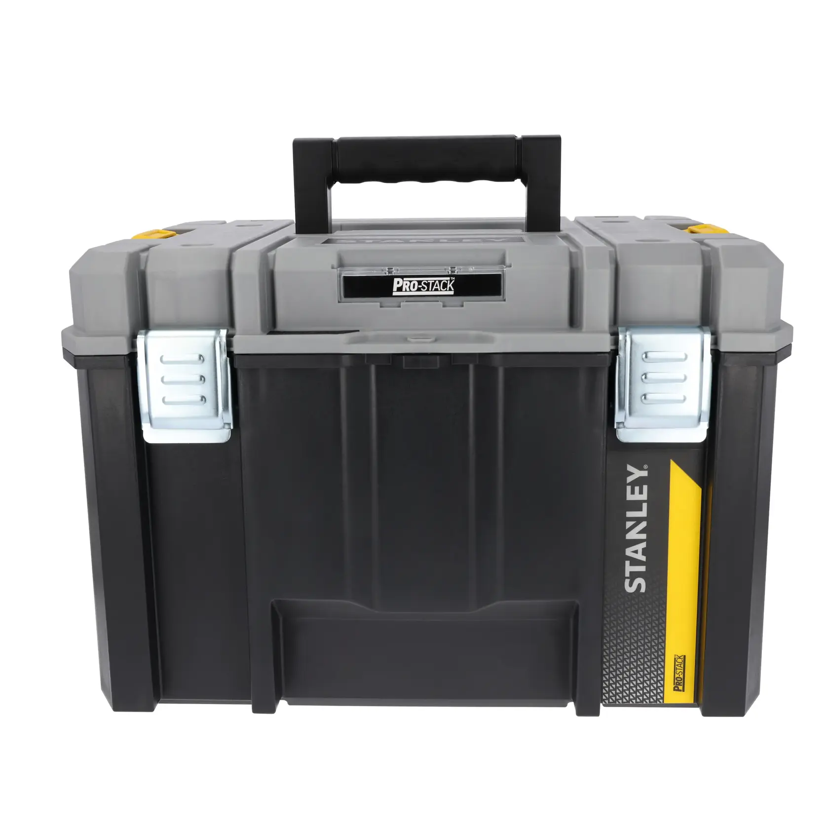 STANLEY FMST17843-1 caja de herramientas negra y gris, vista frontal, cierres metálicos y asa superior.