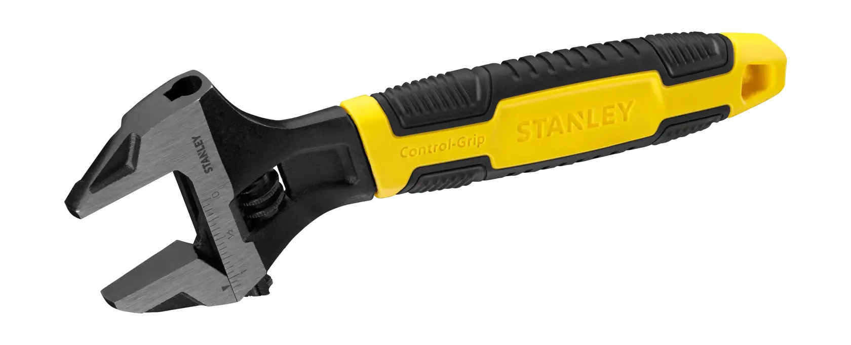 Llave ajustable Stanley con mango ergonómico amarillo y negro, diseñada para agarre seguro y uso versátil.