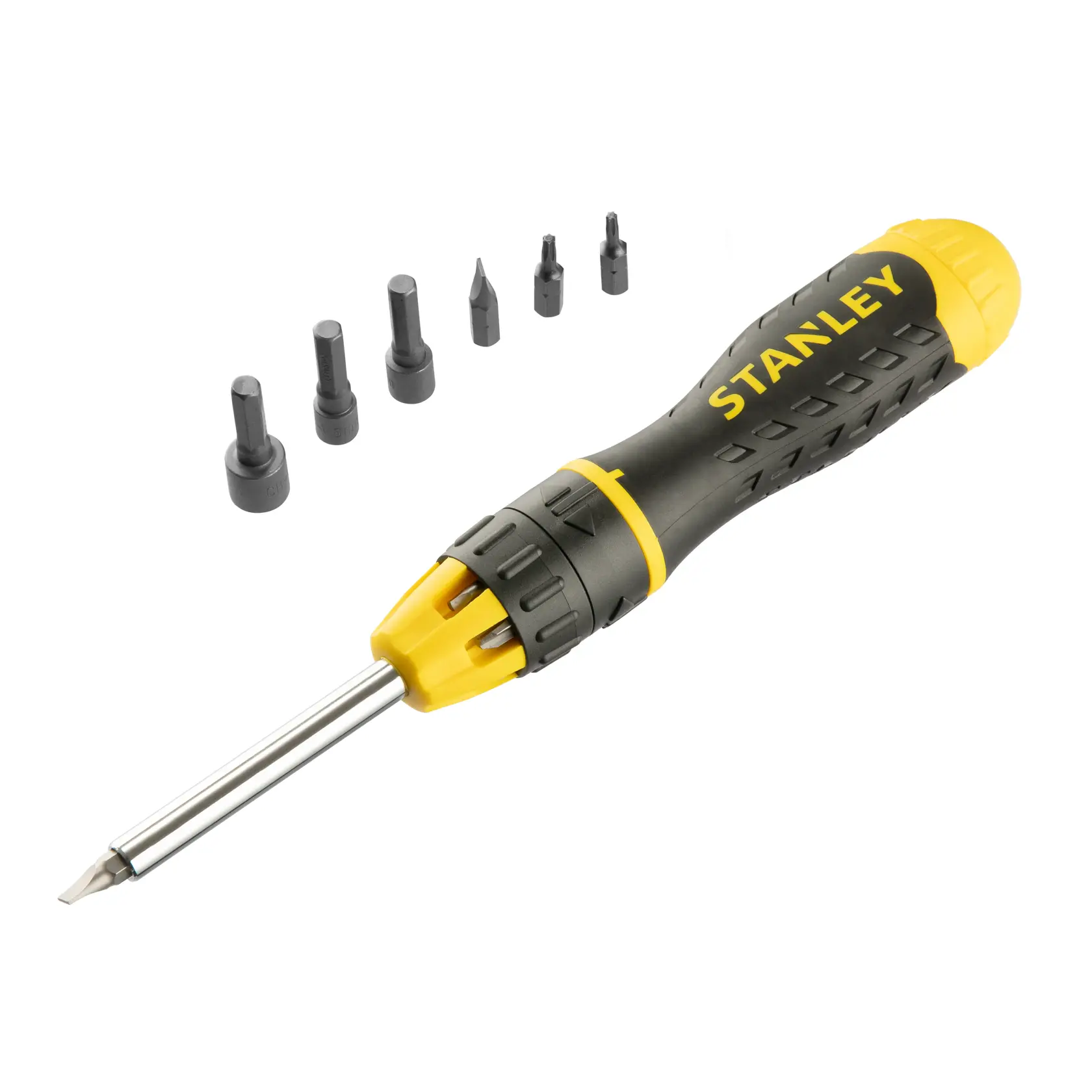 Destornillador Stanley con puntas intercambiables, mango amarillo y negro, seis puntas incluidas.
