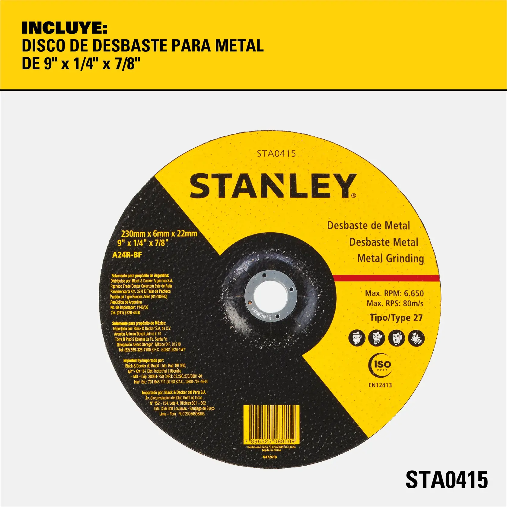 Un disco de desbaste para metal marca Stanley, modelo STA0415, con especificaciones de 9 pulgadas x 1/4 pulgada x 7/8 pulgada (230mm x 6mm x 22mm). El texto indica que es para desbaste de metal, incluye símbolos de seguridad, certificación ISO y una velocidad máxima de 6,650 RPM.