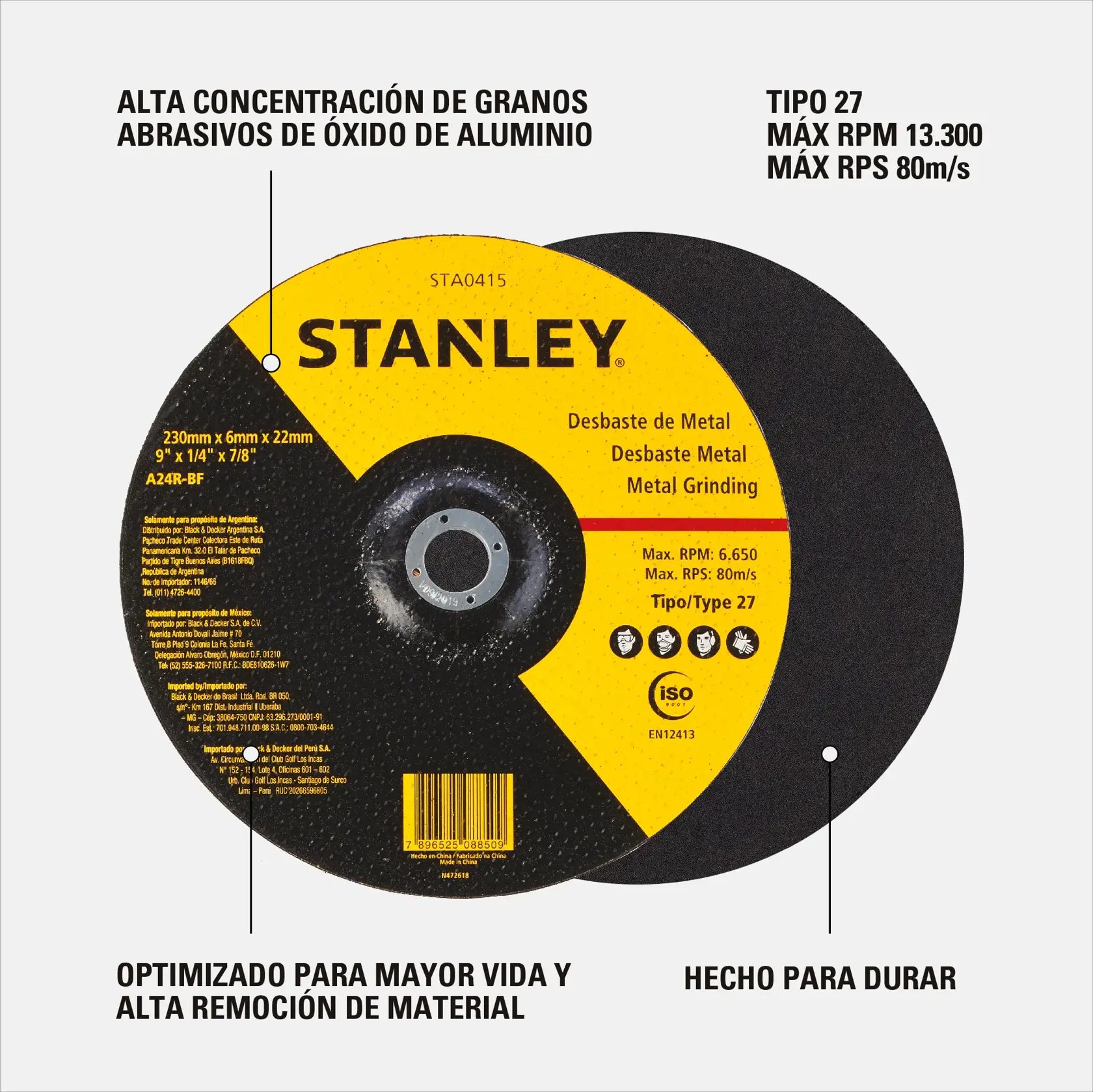 Imagen de una rueda de desbaste de metal STANLEY, SKU STA0415, con etiqueta amarilla y negra. El texto en español resalta: alta concentración de granos abrasivos de óxido de aluminio, optimizada para mayor vida y alta remoción de material, hecha para durar, tipo 27, RPM máxima 13,300, y RPS máximo 80m/s.