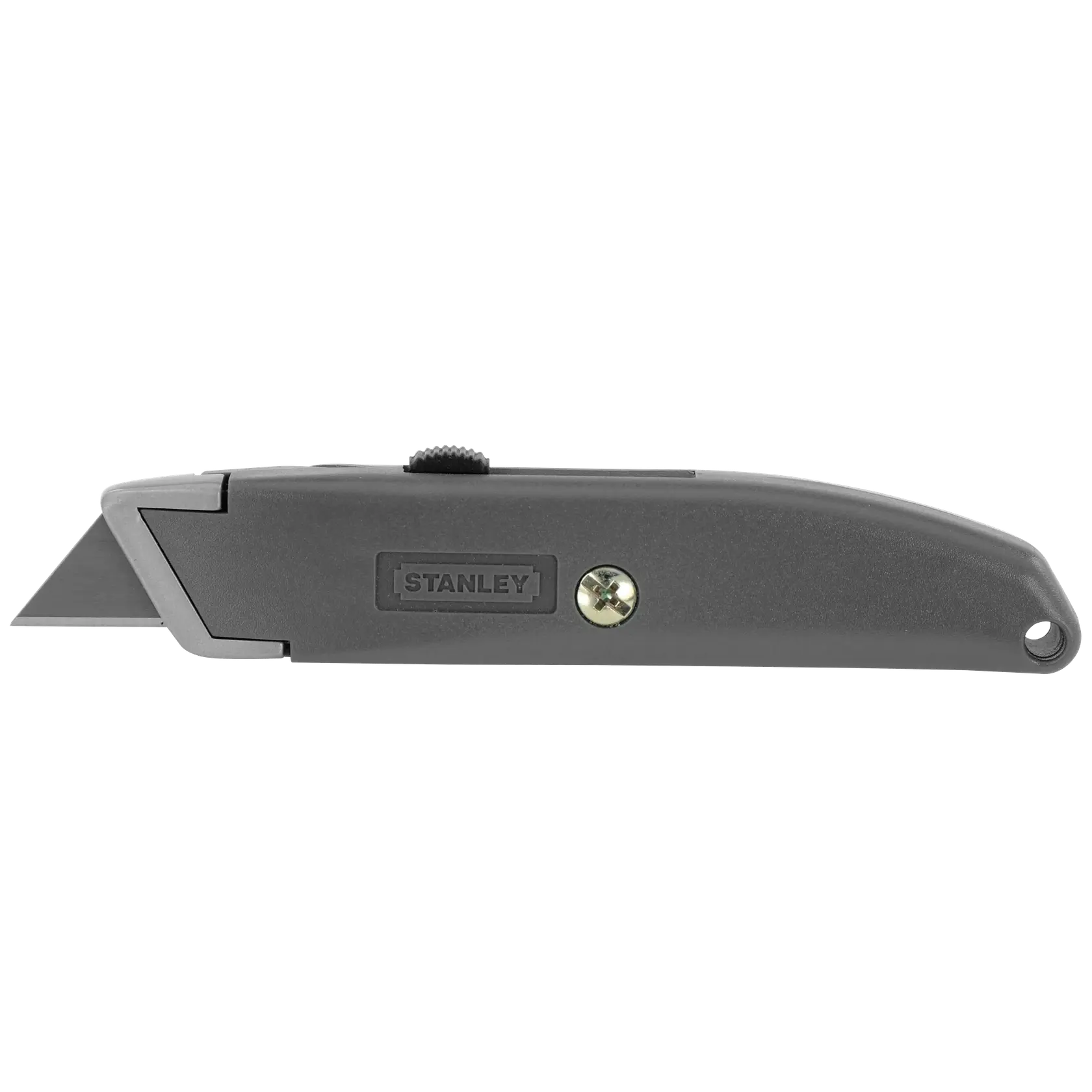 Cuchillo utilitario Stanley gris, vista lateral sobre fondo blanco, con hoja metálica expuesta y deslizador