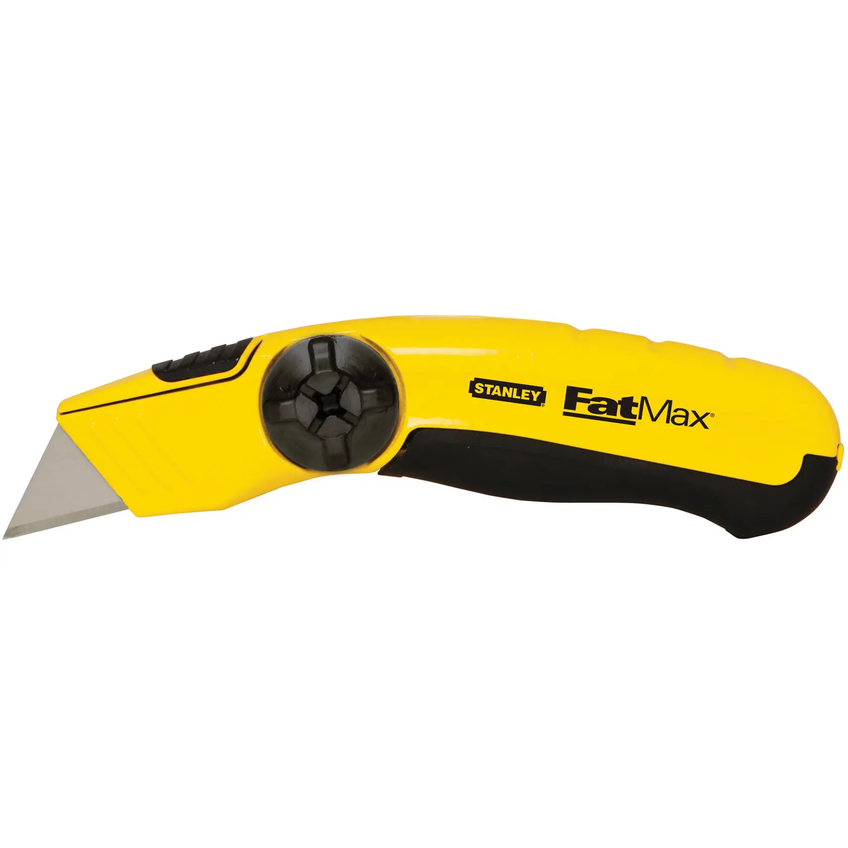 Cuchillo multiusos Stanley FatMax amarillo vista lateral, empuñadura negra y hoja expuesta, fondo blanco