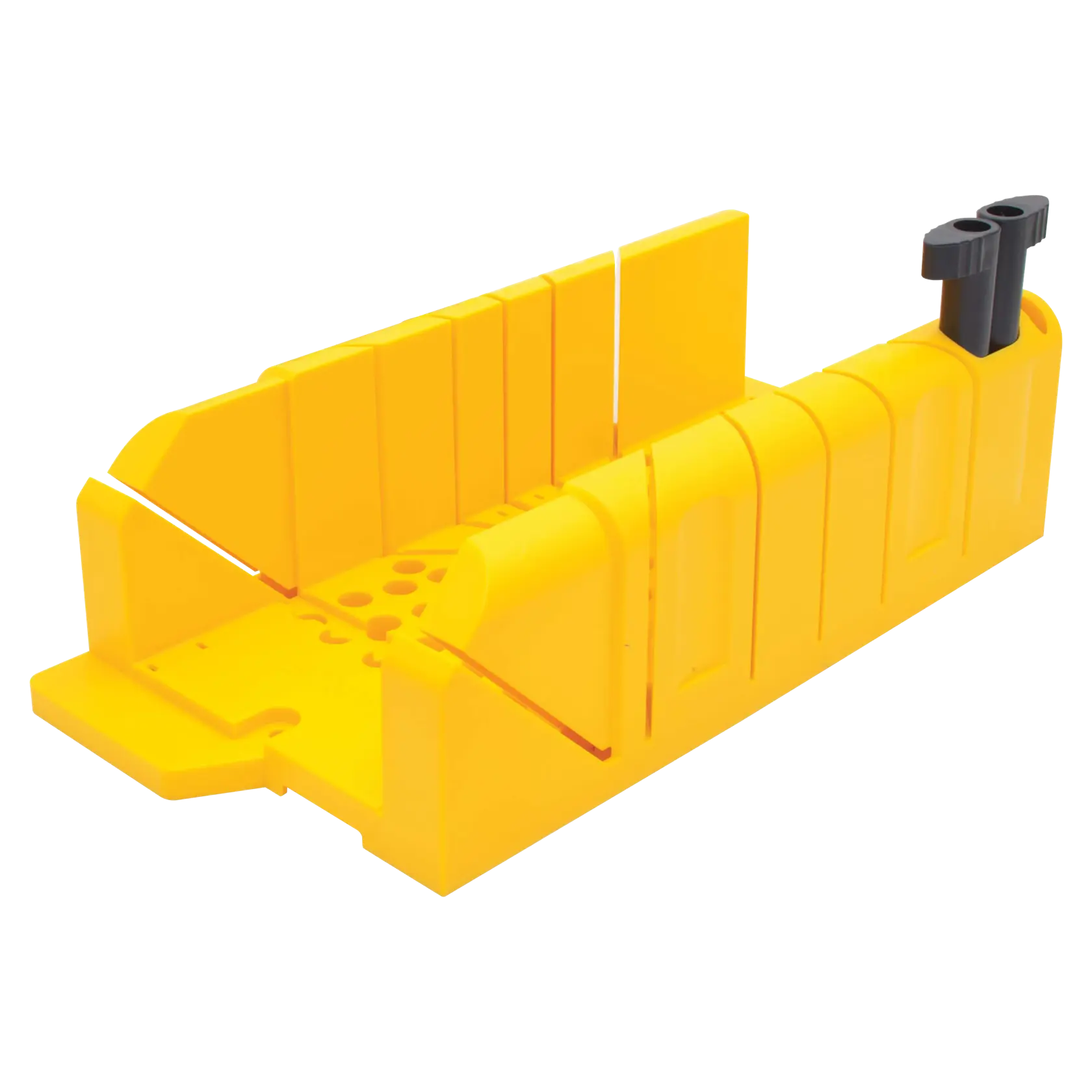 Stanley caja para ingletes de plástico amarillo con ranuras anguladas y abrazadera negra, vista frontal en ángulo, fondo blanco