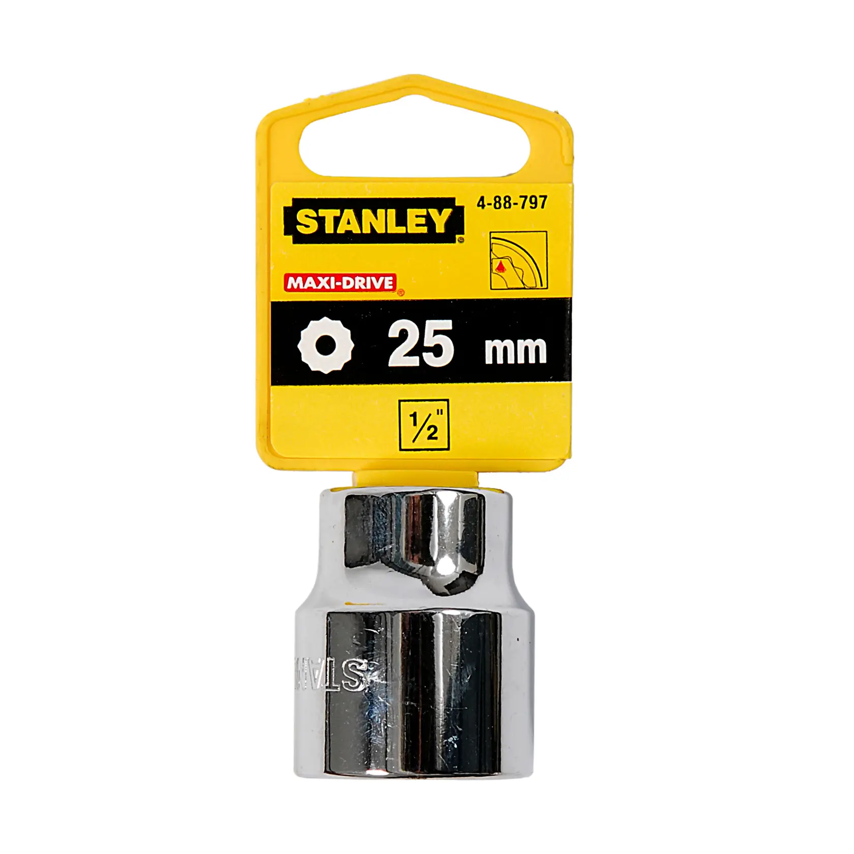 STANLEY 4-88-797 vaso de 25 mm en cromo con embalaje amarillo MAXI-DRIVE, vista frontal sobre fondo blanco.