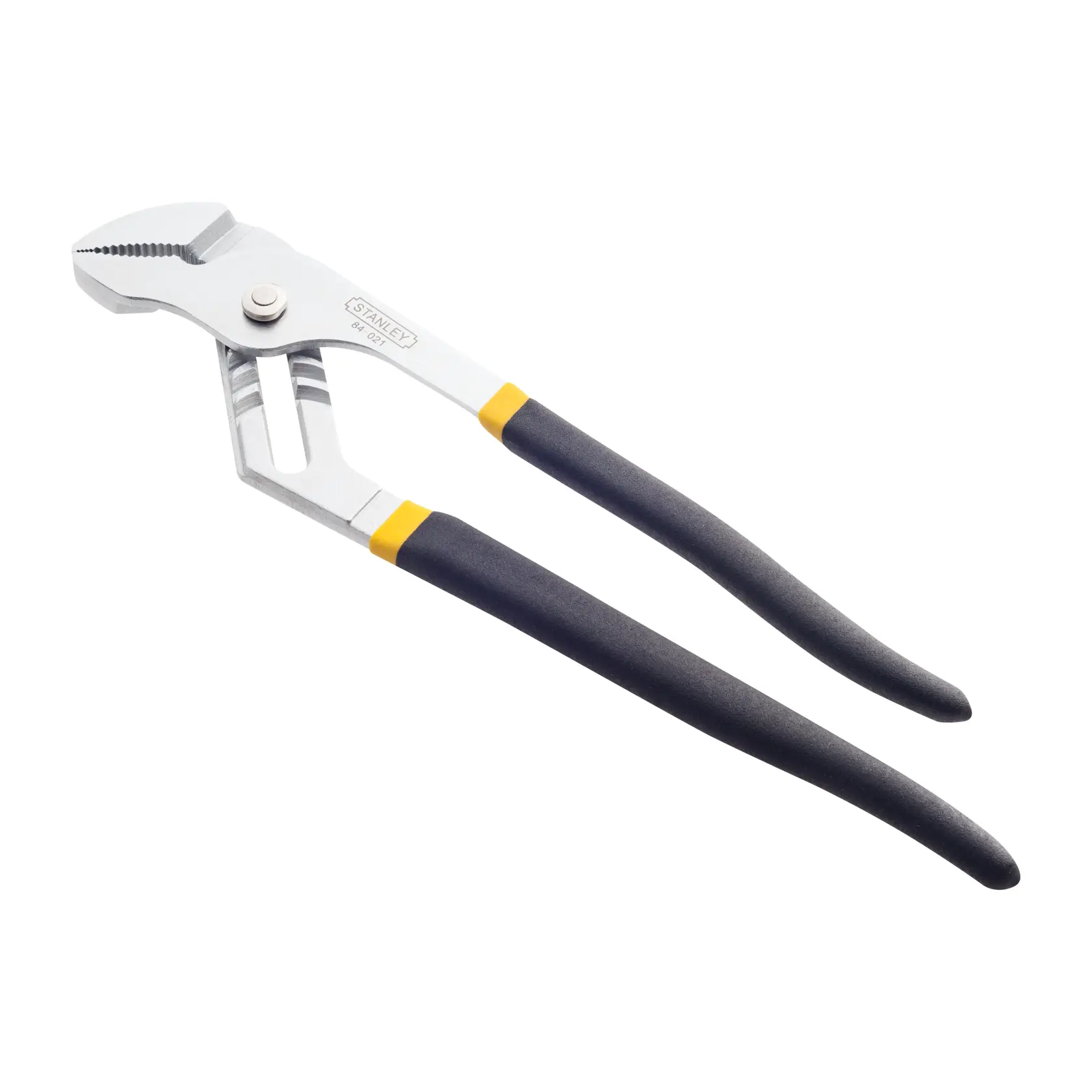 STANLEY 84-021 pinza ajustable tipo canaleta con mangos negros y amarillos, foto de ángulo lateral.