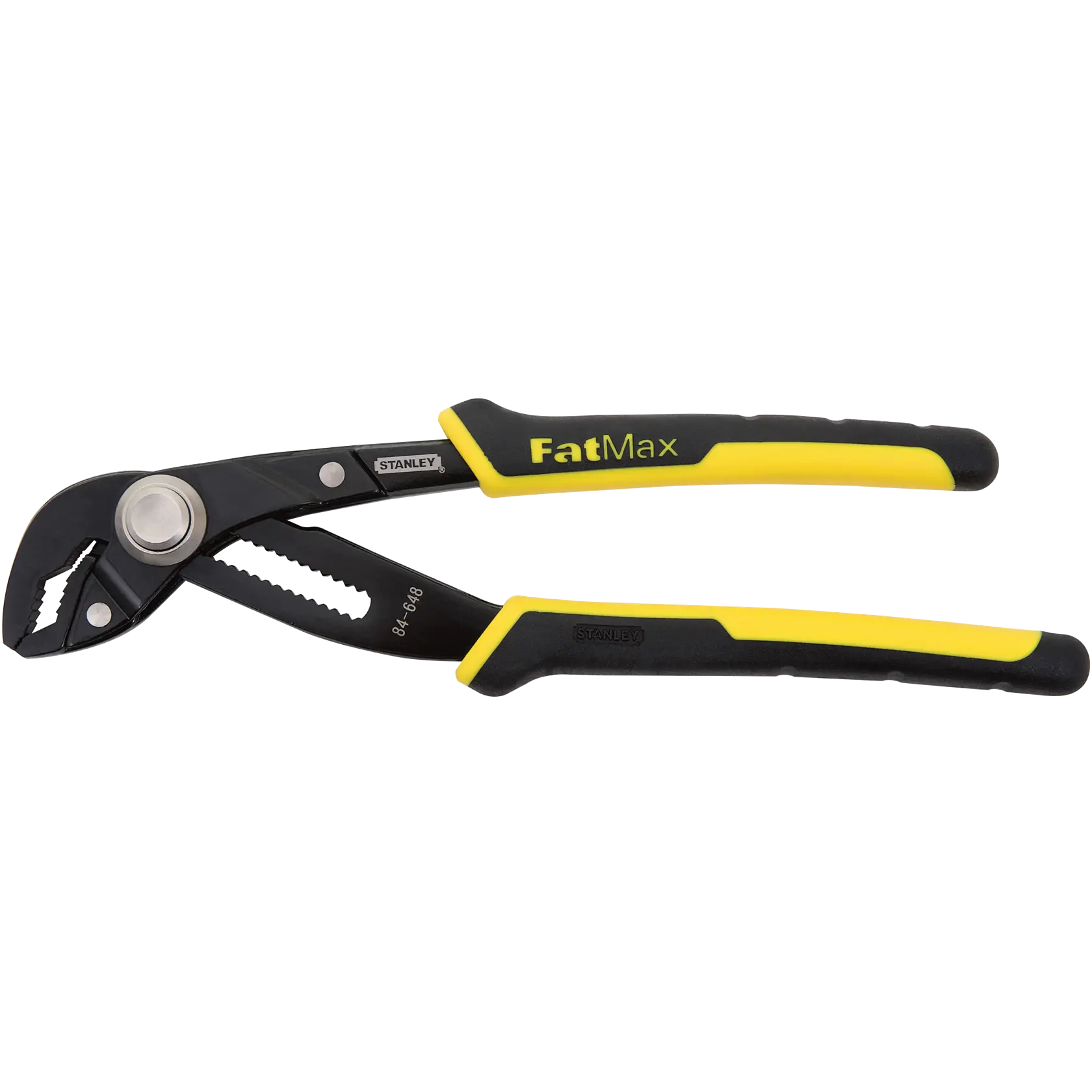 Alicate ajustable Stanley FatMax para tubos, con mangos en negro y amarillo. Las mandíbulas son dentadas para un mejor agarre y la herramienta cuenta con un mecanismo de ajuste deslizante.