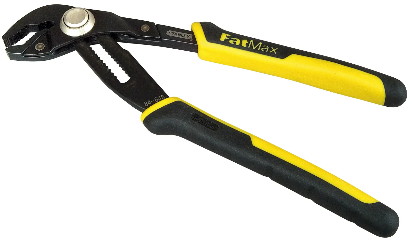 Pinza ajustable con mangos negros y amarillos, con las marcas FatMax y Stanley.