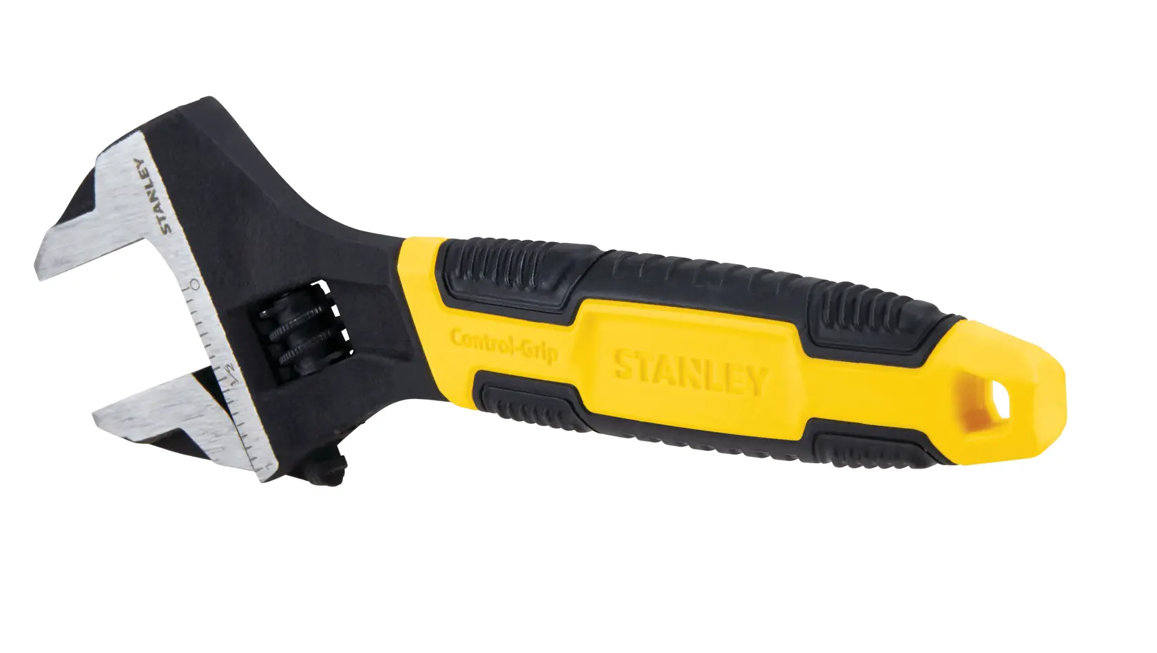 Llave ajustable Stanley con mango Control-Grip amarillo y negro, ángulo lateral sobre fondo blanco