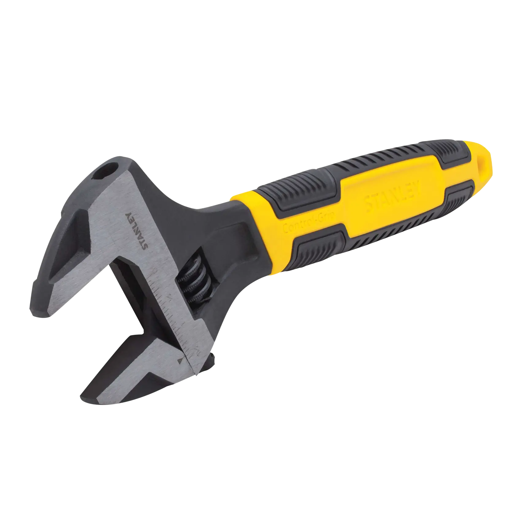Llave ajustable Stanley con mango Control-Grip negro y amarillo, vista en ángulo sobre fondo blanco