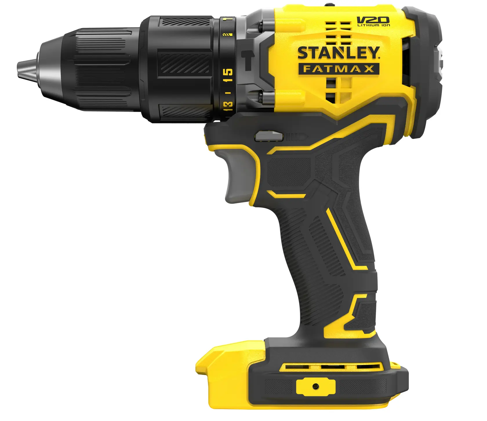 Fotografía del taladro inalámbrico STANLEY SBD715B, amarillo y negro, vista lateral sobre fondo blanco, herramienta eléctrica.