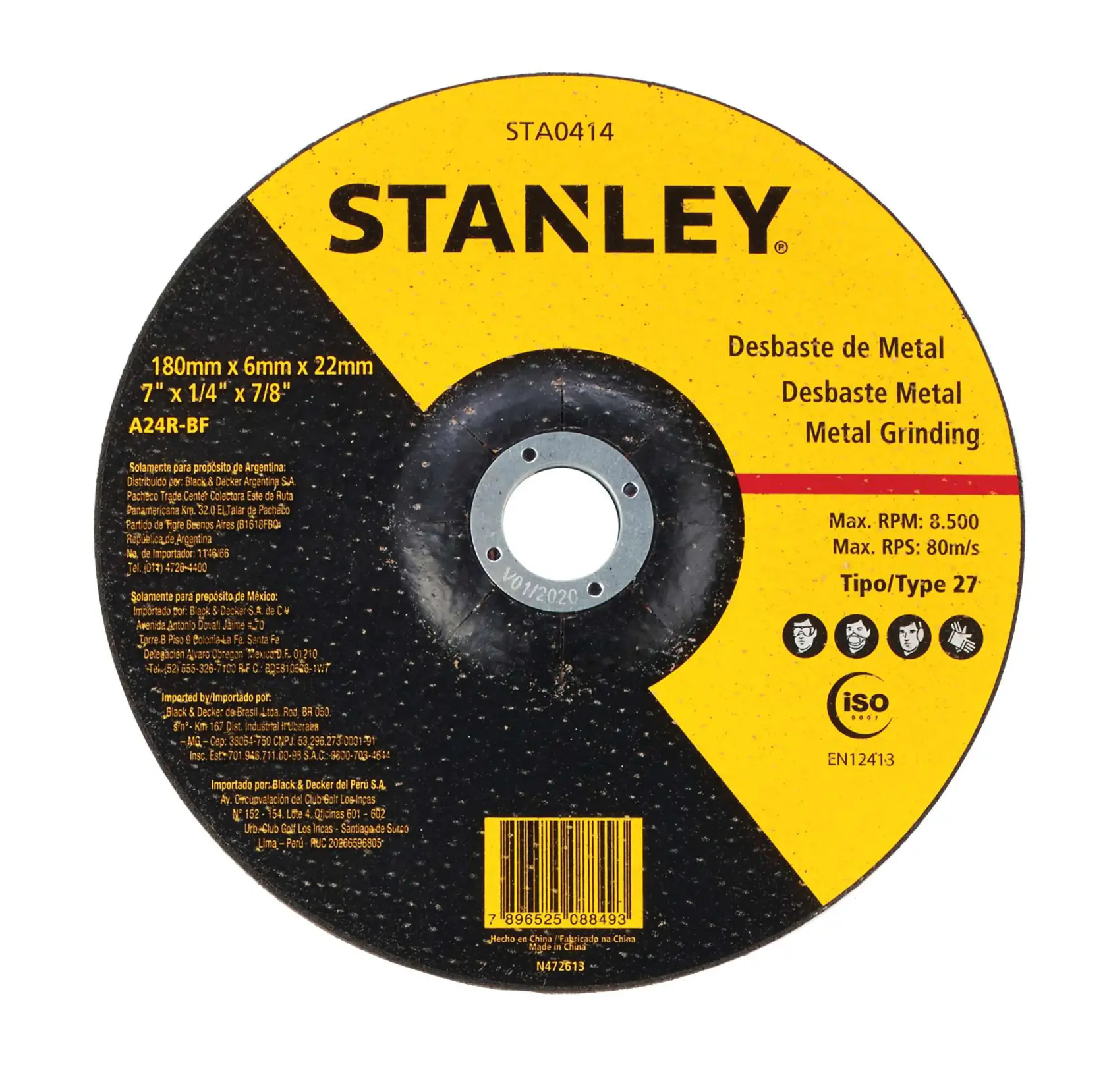 Stanley STA0414 disco de desbaste de metal, amarillo y negro, foto de la etiqueta frontal sobre fondo blanco.