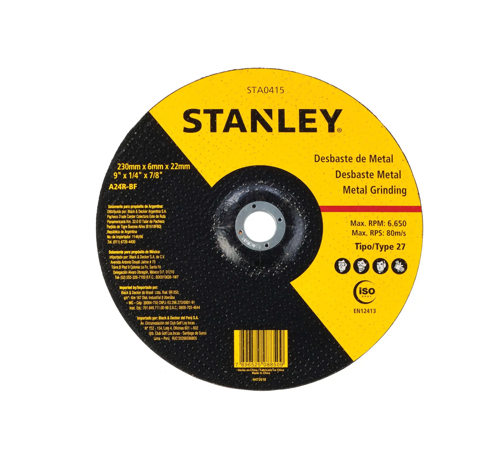 Disco de desbaste de metal STANLEY STA0415, tipo 27, 230mm, amarillo y negro, fotografía sobre fondo blanco.