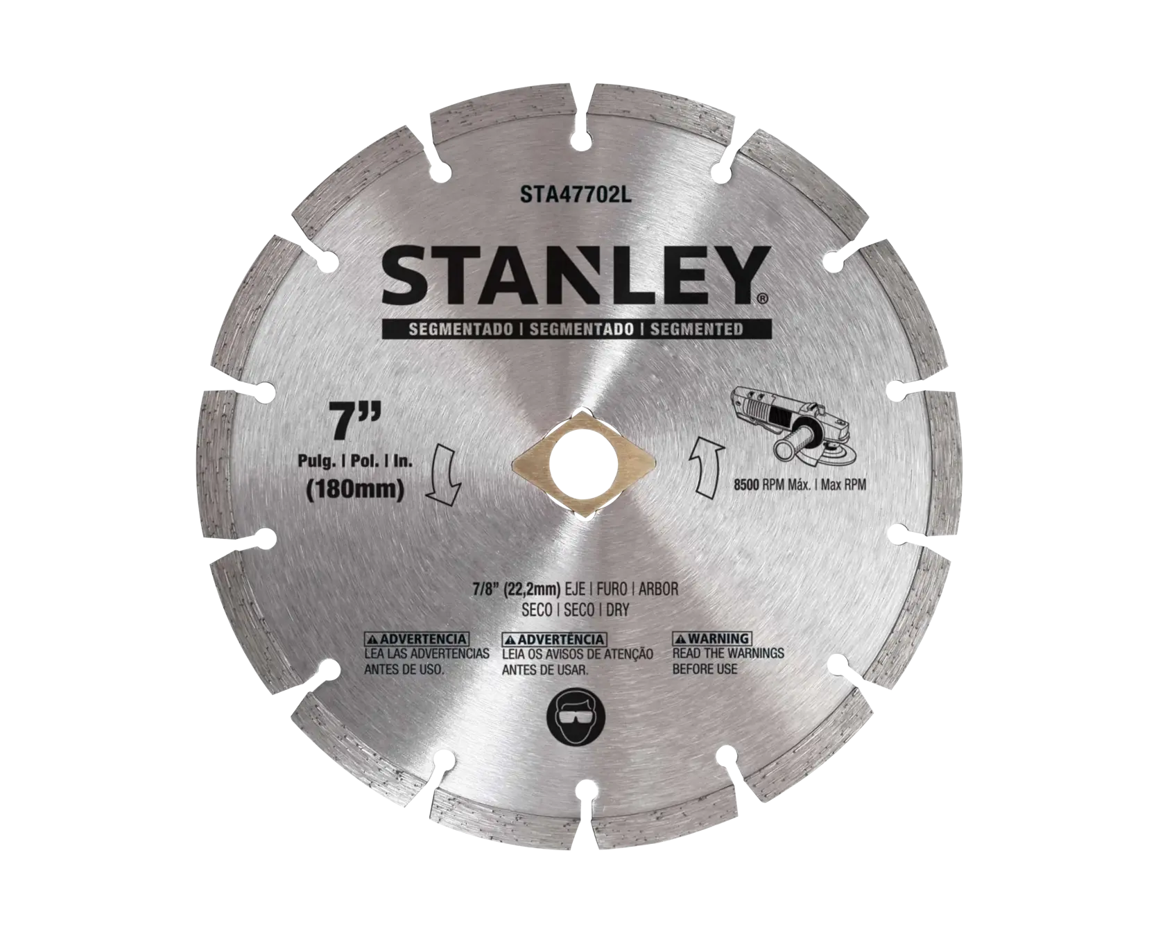 Fotografía de disco segmentado para sierra circular de 7 pulgadas STANLEY STA47702L, plateado, ángulo frontal sobre fondo blanco.