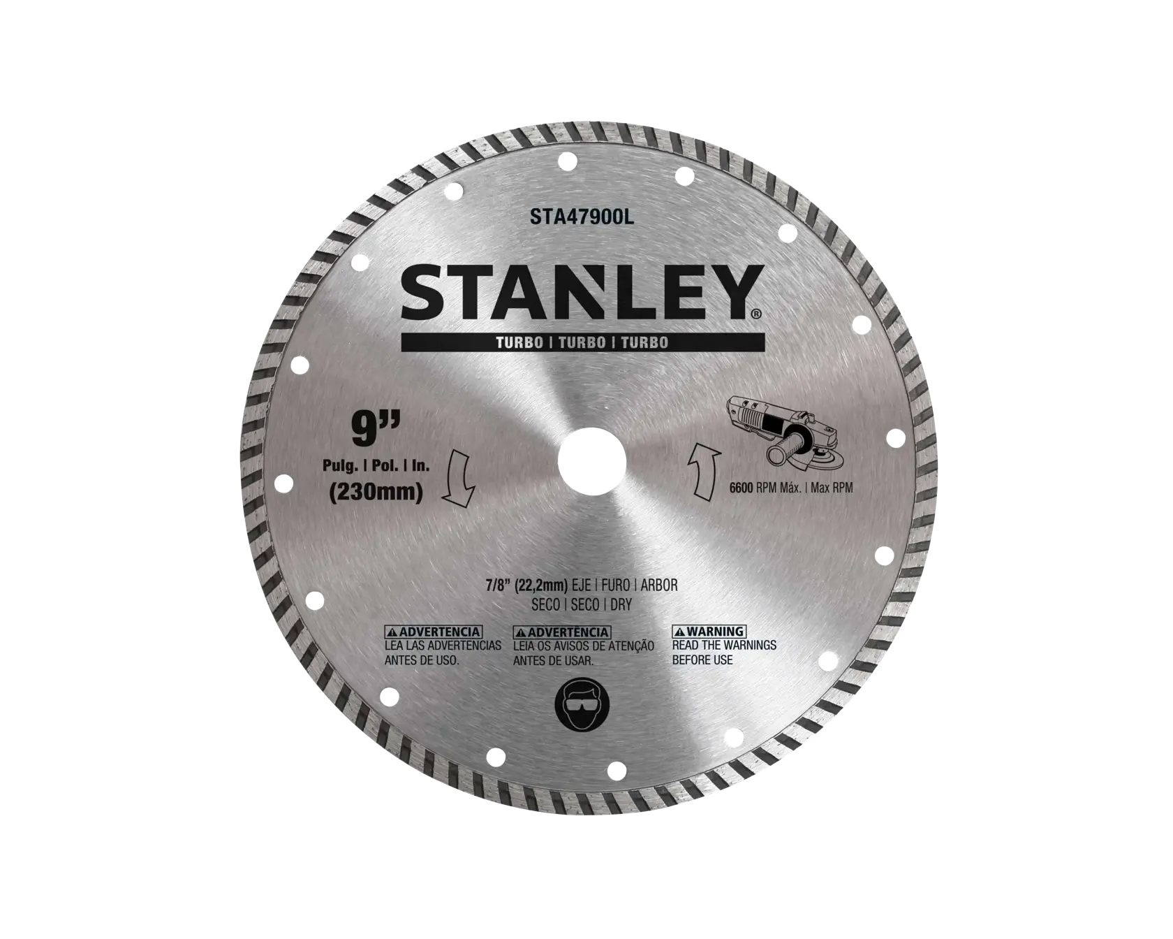 STANLEY STA47900L disco de sierra turbo diamante de 9 pulgadas, plateado, ángulo frontal sobre fondo blanco.