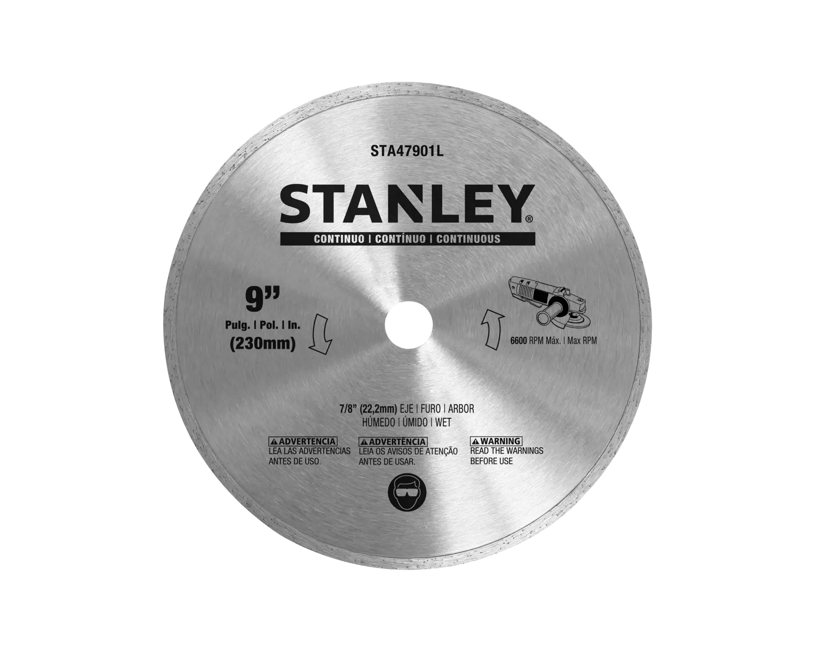 STANLEY STA47901L disco de sierra de 9 pulgadas, borde continuo, plateado, fotografía frontal.