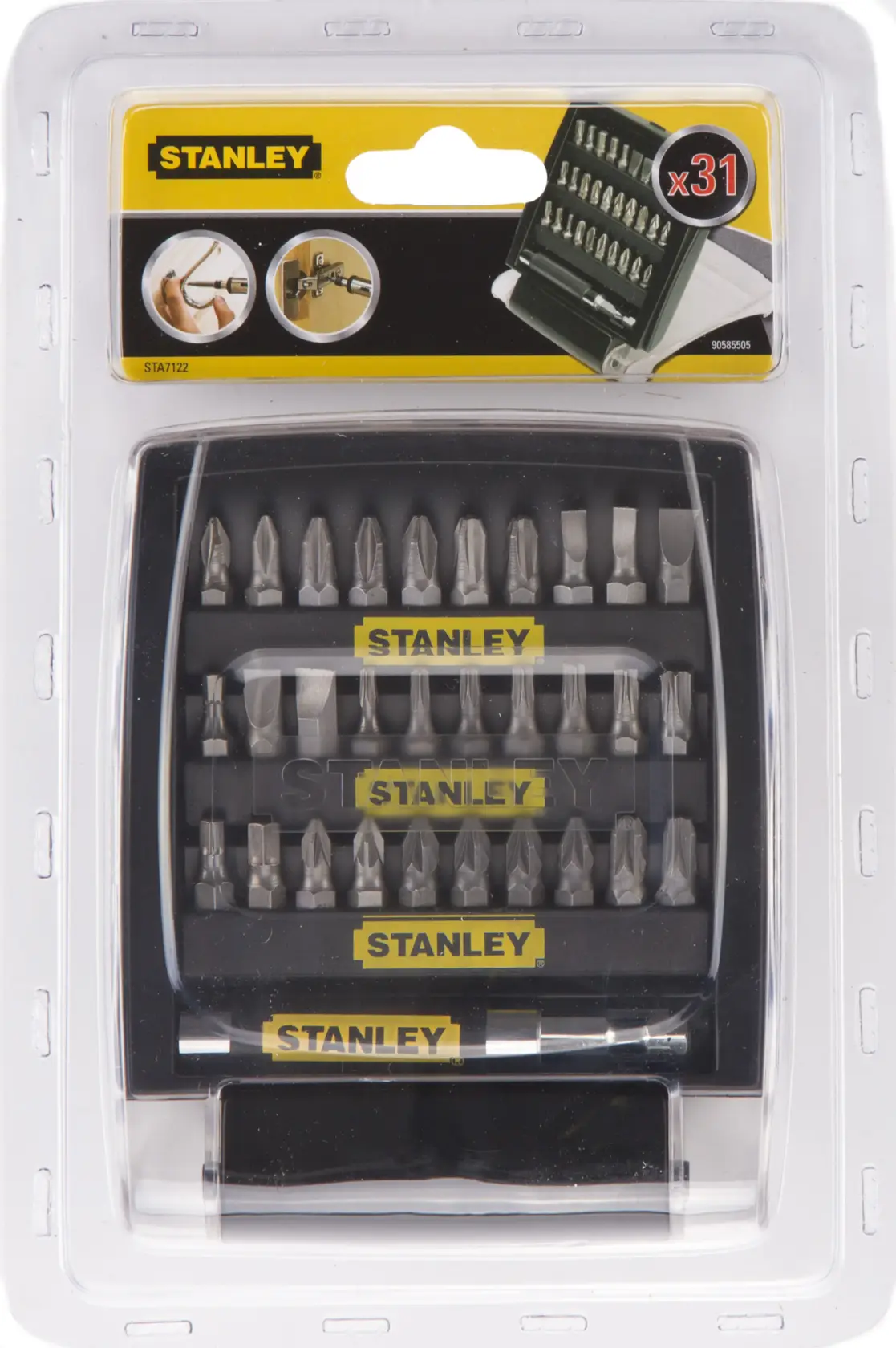 Stanley STA7122-XJ fotografía de juego de 31 puntas de destornillador en empaque blister, ángulo frontal.