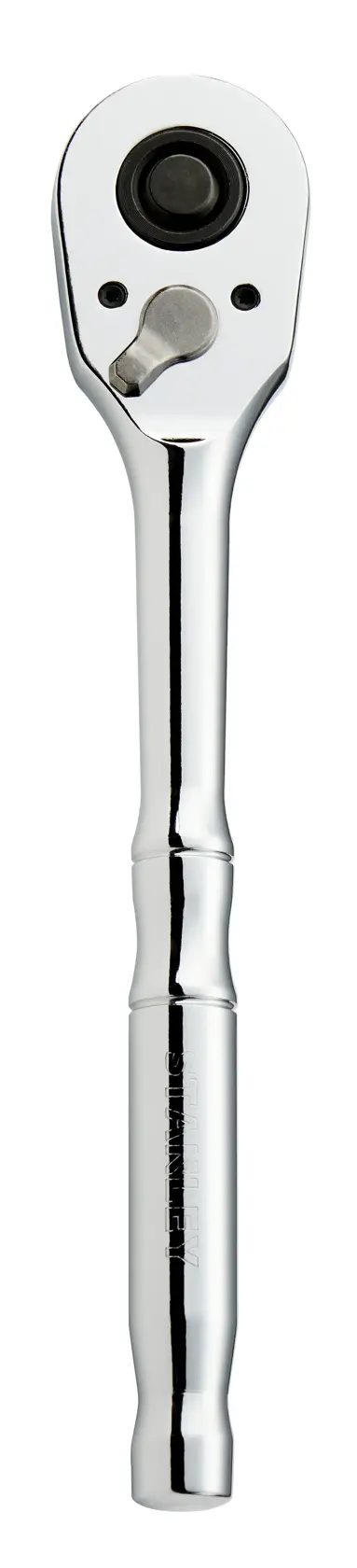 STANLEY STMT17987-LA llave de carraca cromada, fotografía en ángulo frontal sobre fondo blanco.