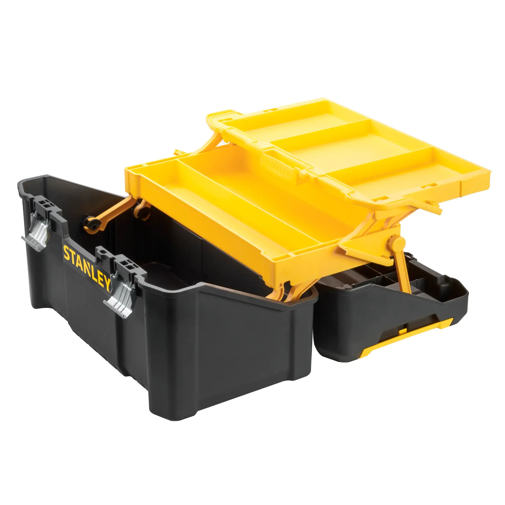 STANLEY STST83397-1 caja de herramientas con compartimentos desplegables, negra y amarilla, ángulo frontal, fondo blanco.